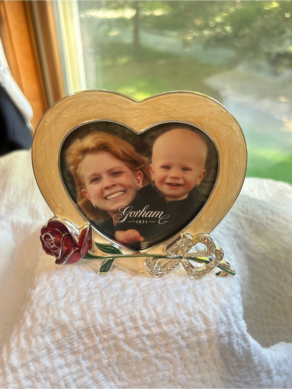 Gorham Cream Heart Frame with Red Rose and Silver Bow Accent